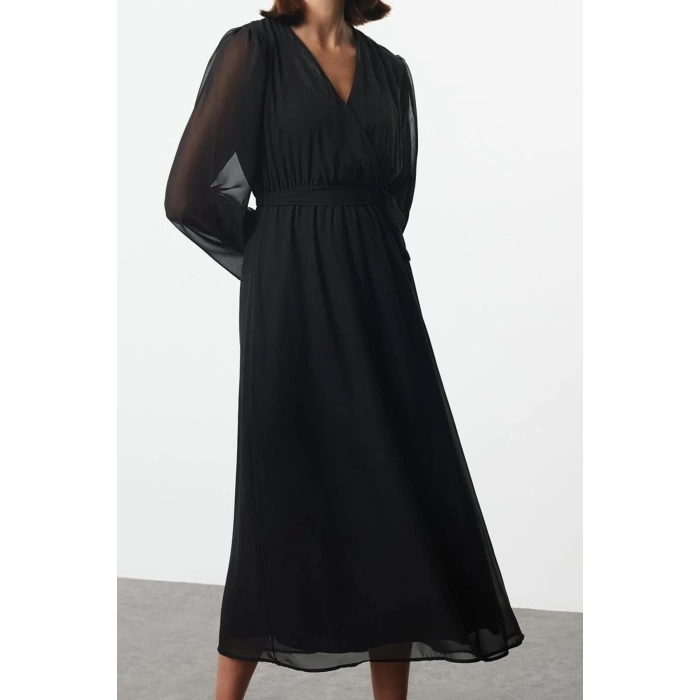 Women Fashion Chic Maxi Length Double Breasted Regular Abstract Pattern Belted A-Line Collar Lined Chiffon Woven Dress