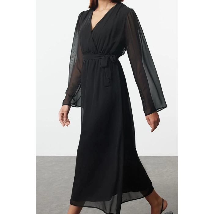 Women Fashion Chic Maxi Length Double Breasted Regular Abstract Pattern Belted A-Line Collar Lined Chiffon Woven Dress
