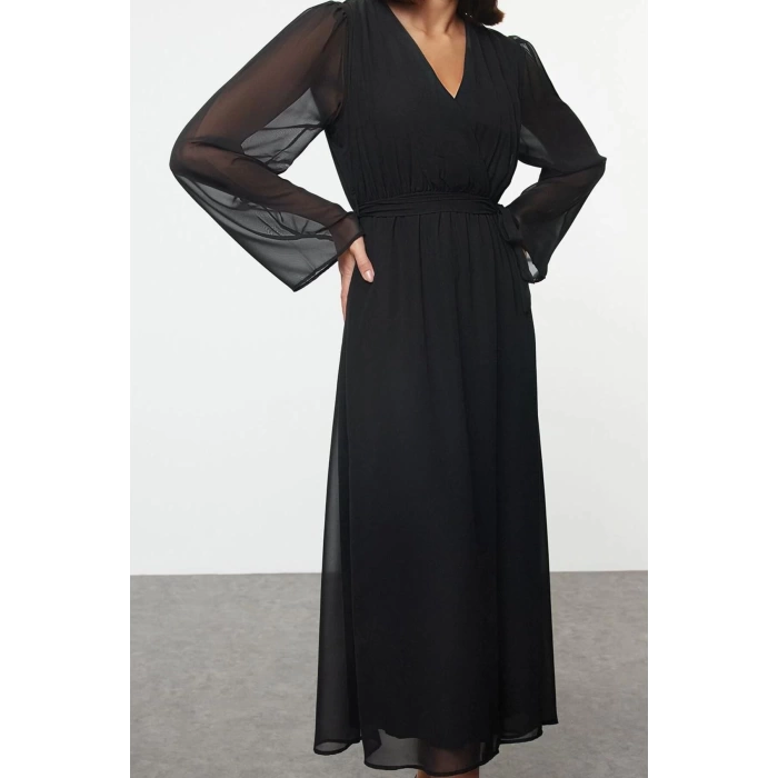 Women Fashion Chic Maxi Length Double Breasted Regular Abstract Pattern Belted A-Line Collar Lined Chiffon Woven Dress
