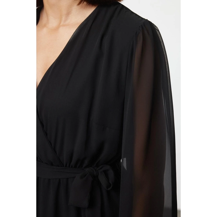 Women Fashion Chic Maxi Length Double Breasted Regular Abstract Pattern Belted A-Line Collar Lined Chiffon Woven Dress