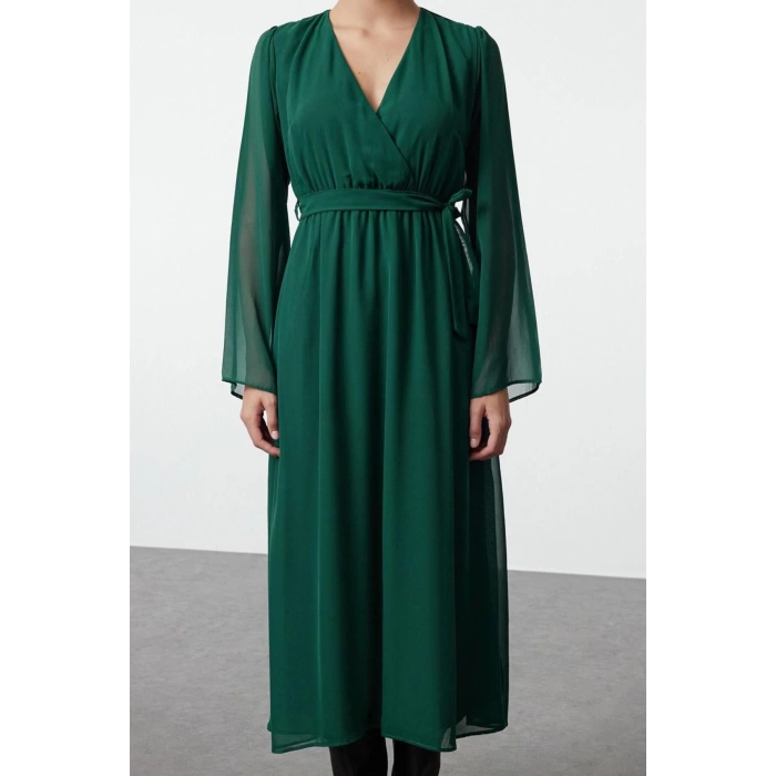 Women Fashion Chic Maxi Length Double Breasted Regular Abstract Pattern Belted A-Line Collar Lined Chiffon Woven Dress