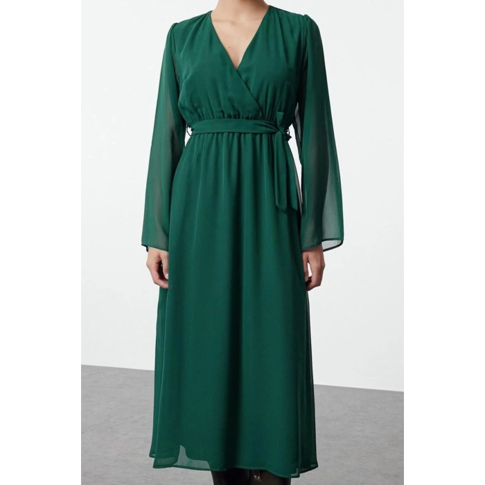 Women Fashion Chic Maxi Length Double Breasted Regular Abstract Pattern Belted A-Line Collar Lined Chiffon Woven Dress