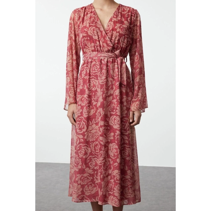 Women Fashion Chic Maxi Length Double Breasted Regular Abstract Pattern Belted A-Line Collar Lined Chiffon Woven Dress
