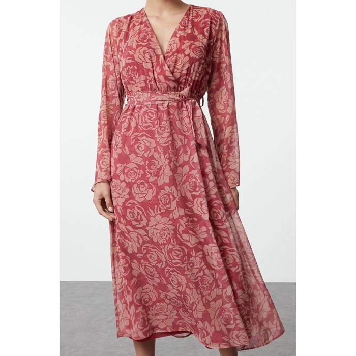 Women Fashion Chic Maxi Length Double Breasted Regular Abstract Pattern Belted A-Line Collar Lined Chiffon Woven Dress