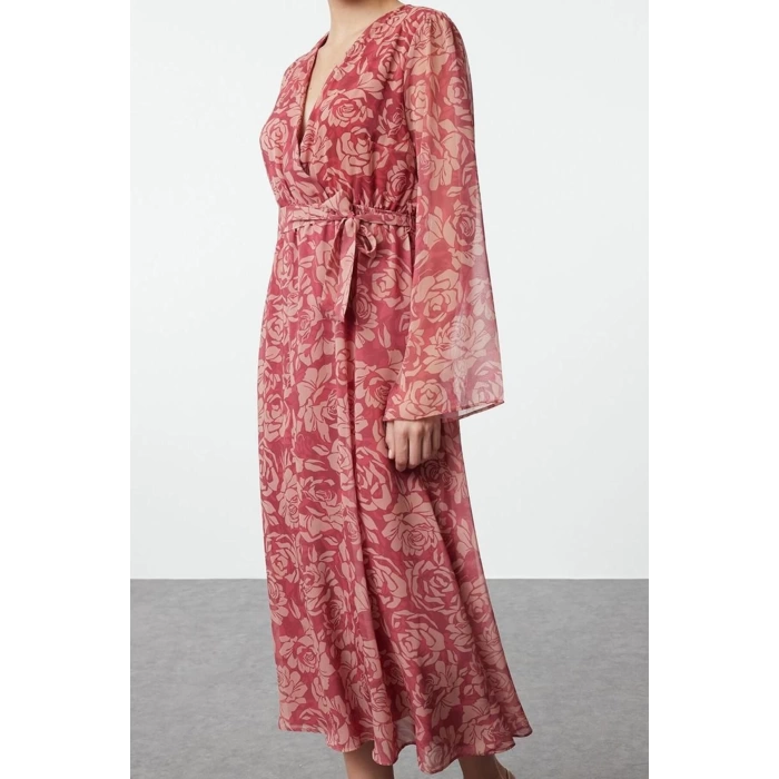 Women Fashion Chic Maxi Length Double Breasted Regular Abstract Pattern Belted A-Line Collar Lined Chiffon Woven Dress