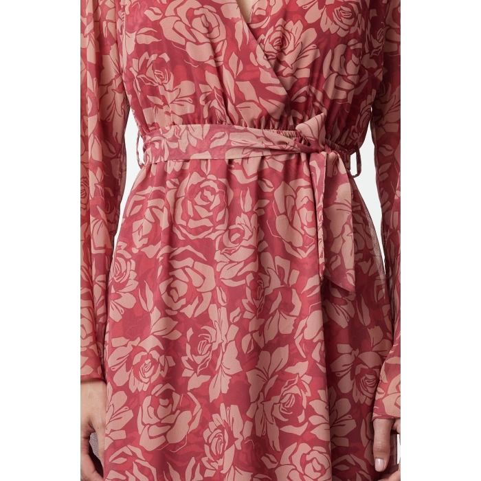 Women Fashion Chic Maxi Length Double Breasted Regular Abstract Pattern Belted A-Line Collar Lined Chiffon Woven Dress