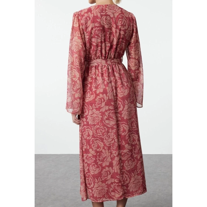 Women Fashion Chic Maxi Length Double Breasted Regular Abstract Pattern Belted A-Line Collar Lined Chiffon Woven Dress