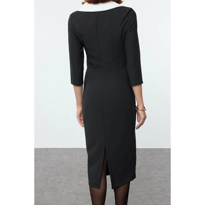 Women Fashion Stylish Midi Length Jacket Collar Regular Color Block Fitted Bodycon Woven Dress