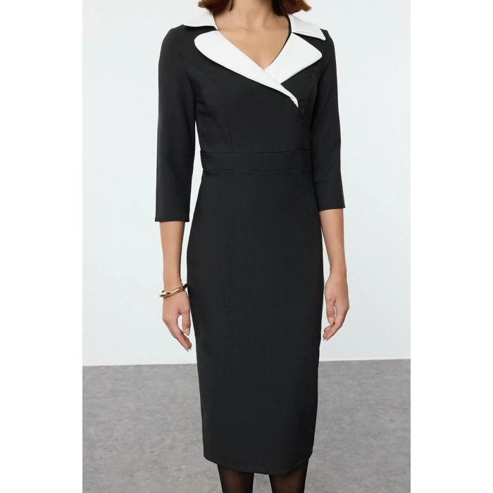 Women Fashion Stylish Midi Length Jacket Collar Regular Color Block Fitted Bodycon Woven Dress