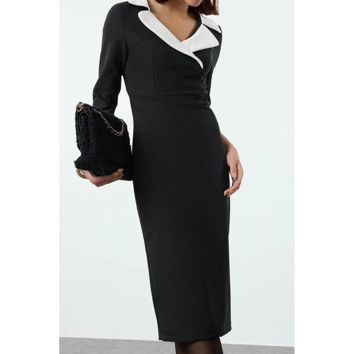 Women Fashion Stylish Midi Length Jacket Collar Regular Color Block Fitted Bodycon Woven Dress