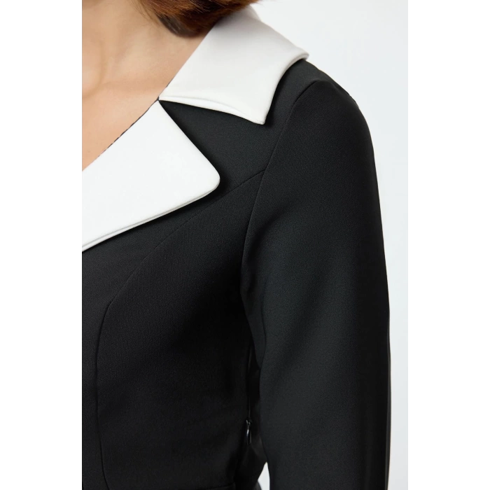 Women Fashion Stylish Midi Length Jacket Collar Regular Color Block Fitted Bodycon Woven Dress