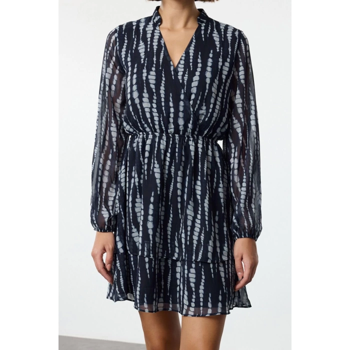 Womens Mini Length Double Breasted Regular Abstract Pattern Collar Skater Waist Open Lined Chiffon Woven Dress
