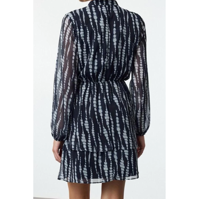 Womens Mini Length Double Breasted Regular Abstract Pattern Collar Skater Waist Open Lined Chiffon Woven Dress