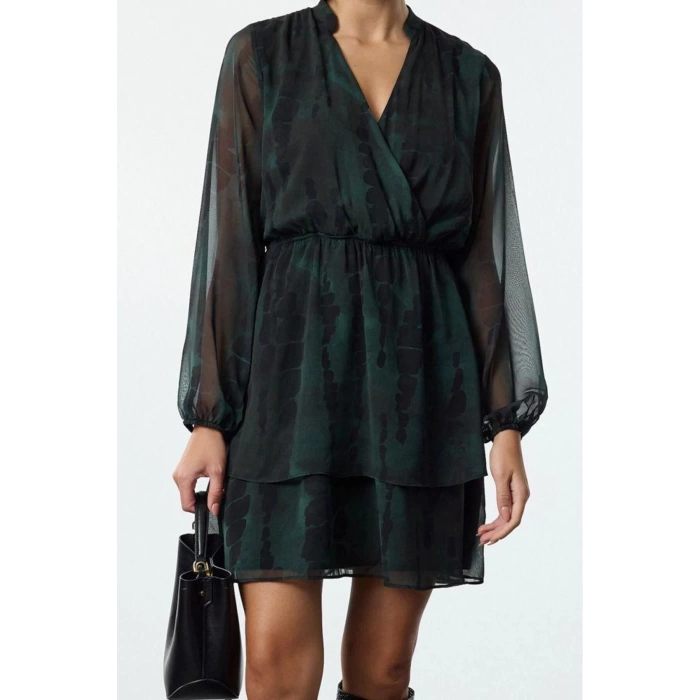 Womens Mini Length Double Breasted Regular Abstract Pattern Collar Skater Waist Open Lined Chiffon Woven Dress