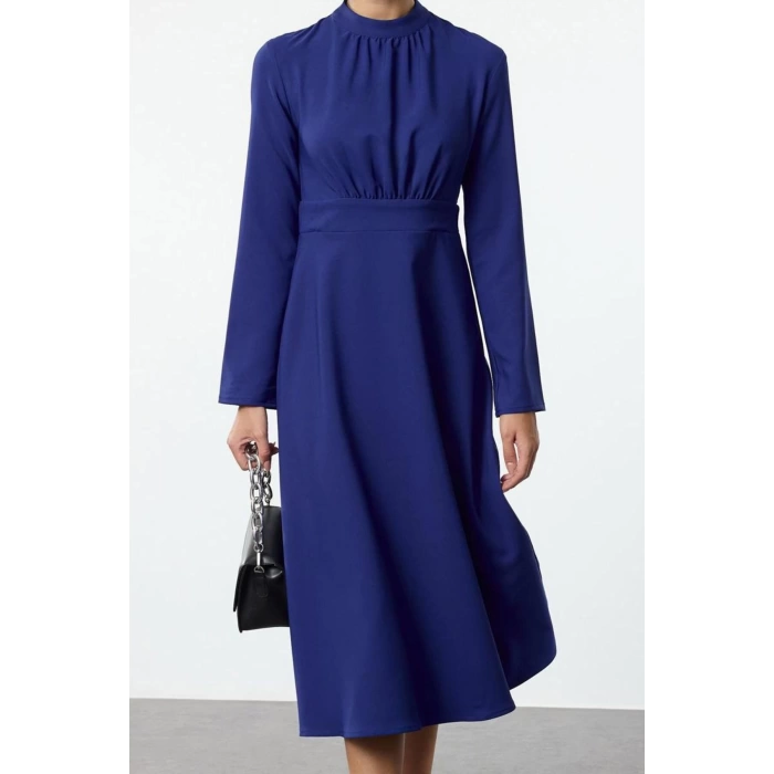 Women Fashion Stylish Midi Length High Neck Regular Skater Waist Open Woven Dress