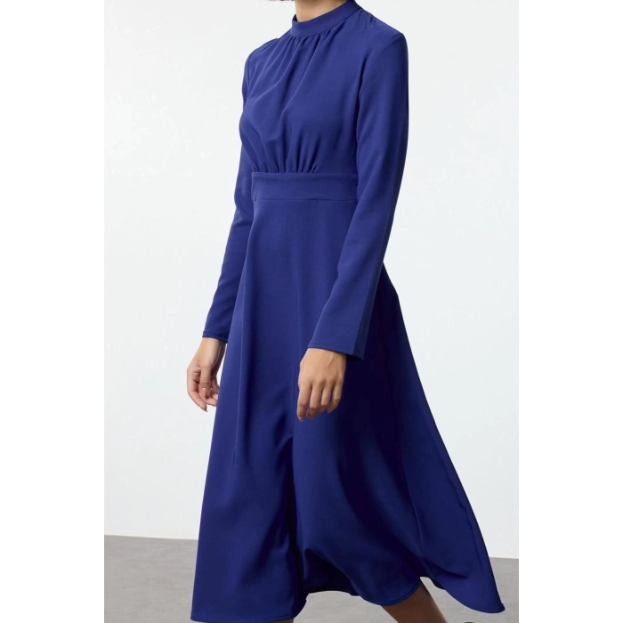 Women Fashion Stylish Midi Length High Neck Regular Skater Waist Open Woven Dress