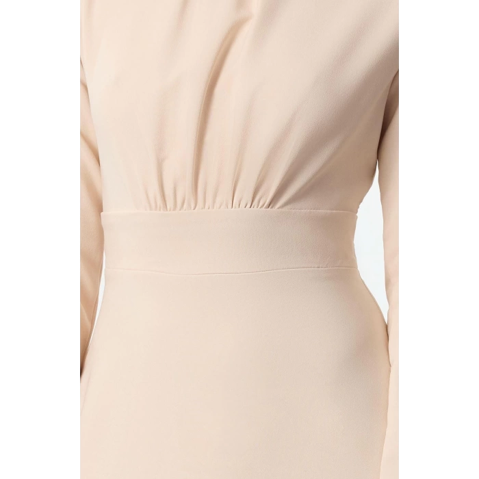 Women Fashion Stylish Midi Length High Neck Regular Skater Waist Open Woven Dress