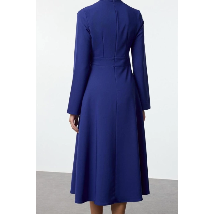 Women Fashion Stylish Midi Length High Neck Regular Skater Waist Open Woven Dress