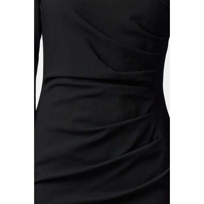 Womens Fashion Mini Length Crew Neck Regular Fitted Drape Detail Balloon Sleeve Woven Dress