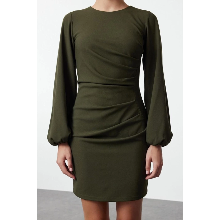 Womens Fashion Mini Length Crew Neck Regular Fitted Drape Detail Balloon Sleeve Woven Dress
