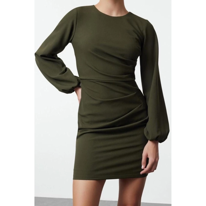 Womens Fashion Mini Length Crew Neck Regular Fitted Drape Detail Balloon Sleeve Woven Dress