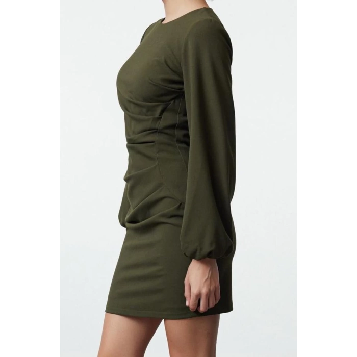 Womens Fashion Mini Length Crew Neck Regular Fitted Drape Detail Balloon Sleeve Woven Dress
