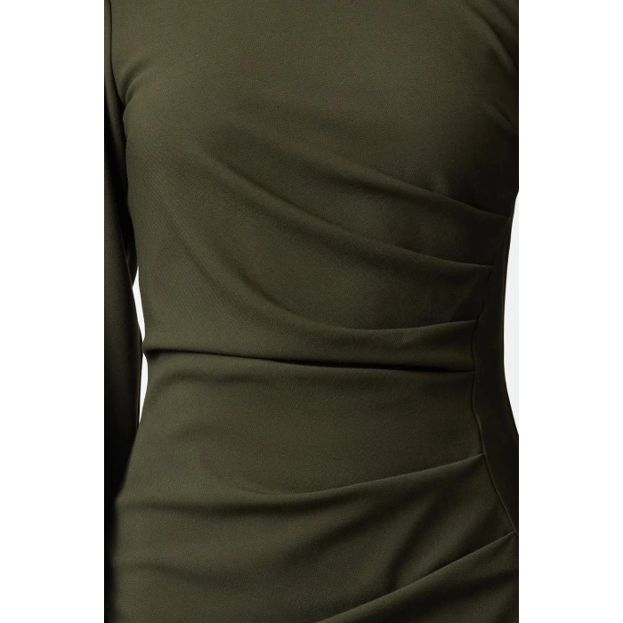 Womens Fashion Mini Length Crew Neck Regular Fitted Drape Detail Balloon Sleeve Woven Dress