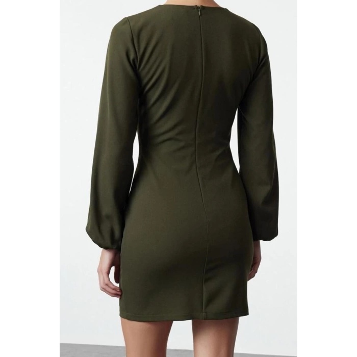 Womens Fashion Mini Length Crew Neck Regular Fitted Drape Detail Balloon Sleeve Woven Dress