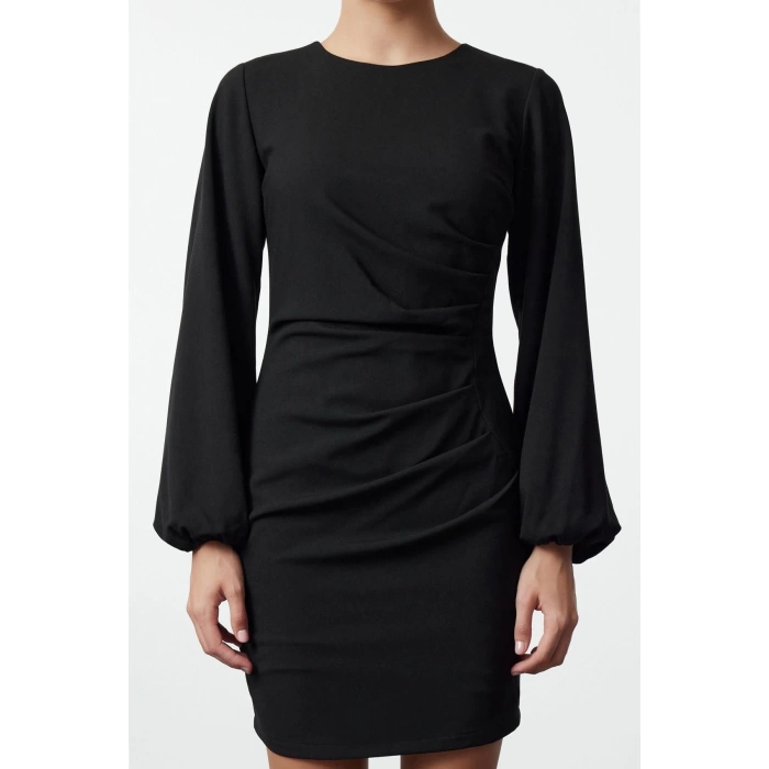 Womens Fashion Mini Length Crew Neck Regular Fitted Drape Detail Balloon Sleeve Woven Dress