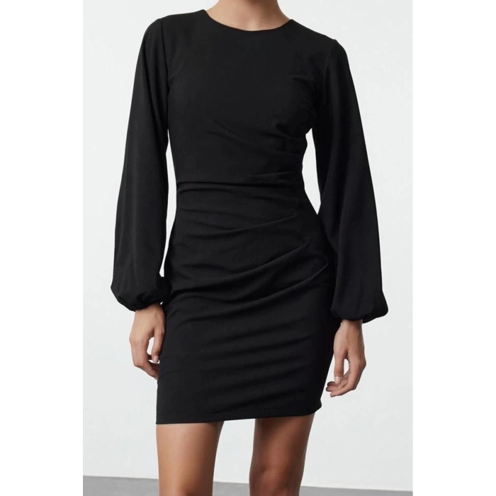 Womens Fashion Mini Length Crew Neck Regular Fitted Drape Detail Balloon Sleeve Woven Dress