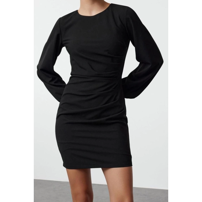 Womens Fashion Mini Length Crew Neck Regular Fitted Drape Detail Balloon Sleeve Woven Dress