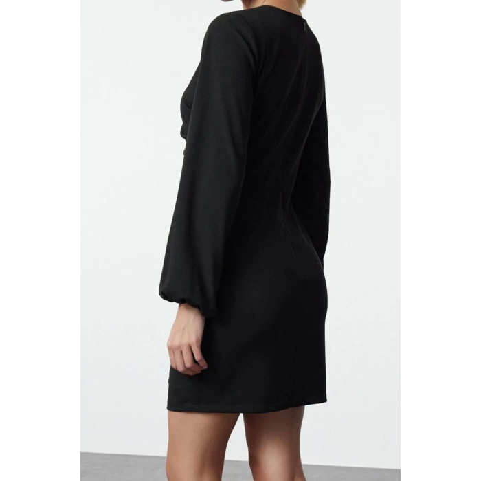 Womens Fashion Mini Length Crew Neck Regular Fitted Drape Detail Balloon Sleeve Woven Dress