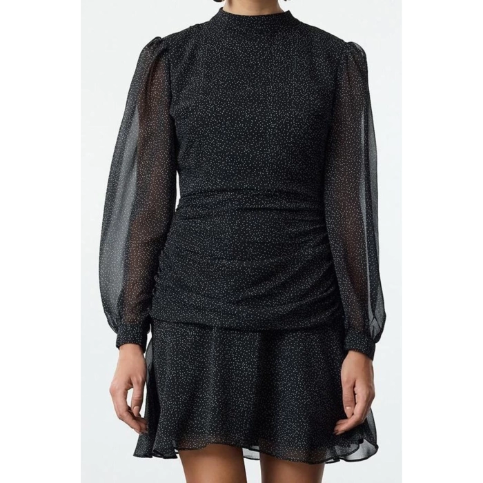 Womens Fashion Mini Length Stand Collar Regular Polka Dot A Cut Draped Chiffon Lined Woven Winter Dress