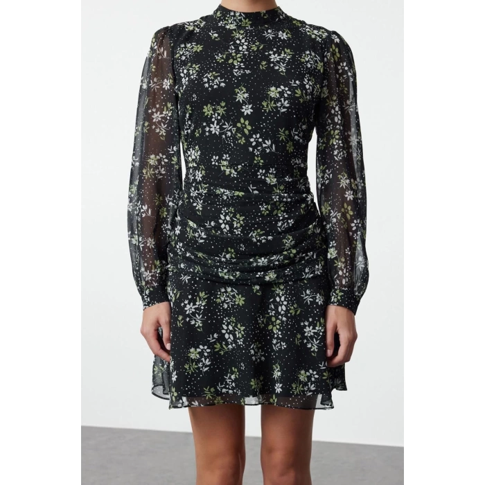 Womens Fashion Mini Length Stand Collar Regular Polka Dot A Cut Draped Chiffon Lined Woven Winter Dress