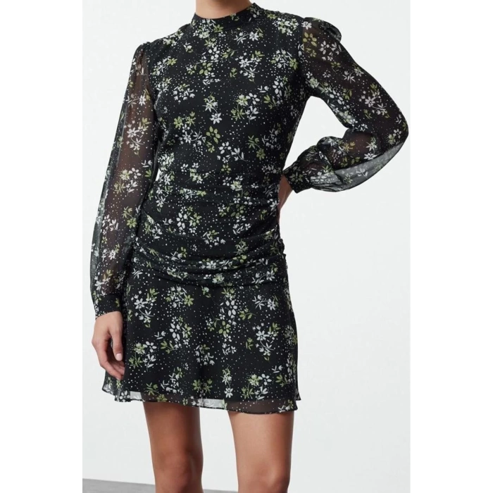 Womens Fashion Mini Length Stand Collar Regular Polka Dot A Cut Draped Chiffon Lined Woven Winter Dress