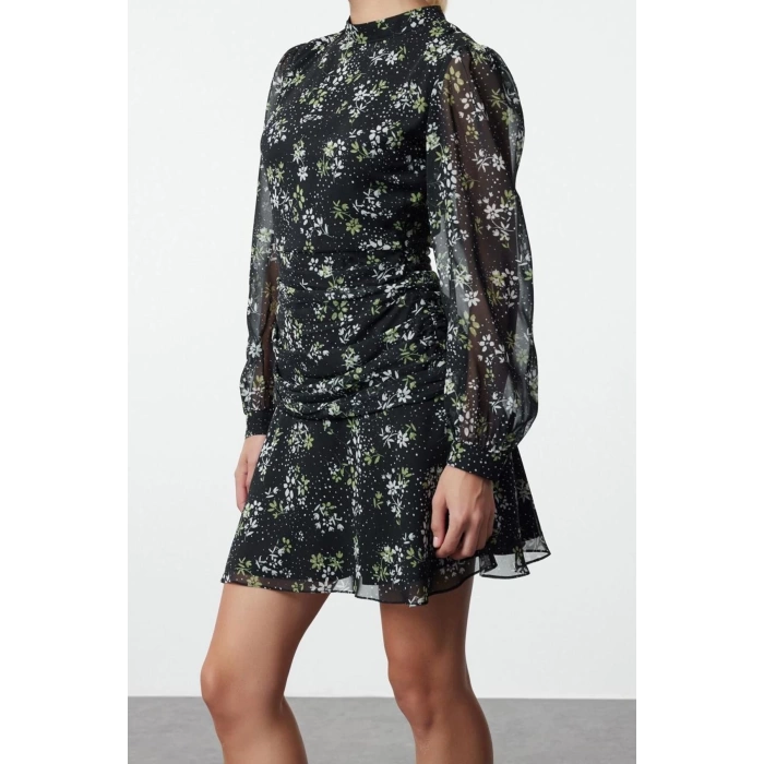 Womens Fashion Mini Length Stand Collar Regular Polka Dot A Cut Draped Chiffon Lined Woven Winter Dress