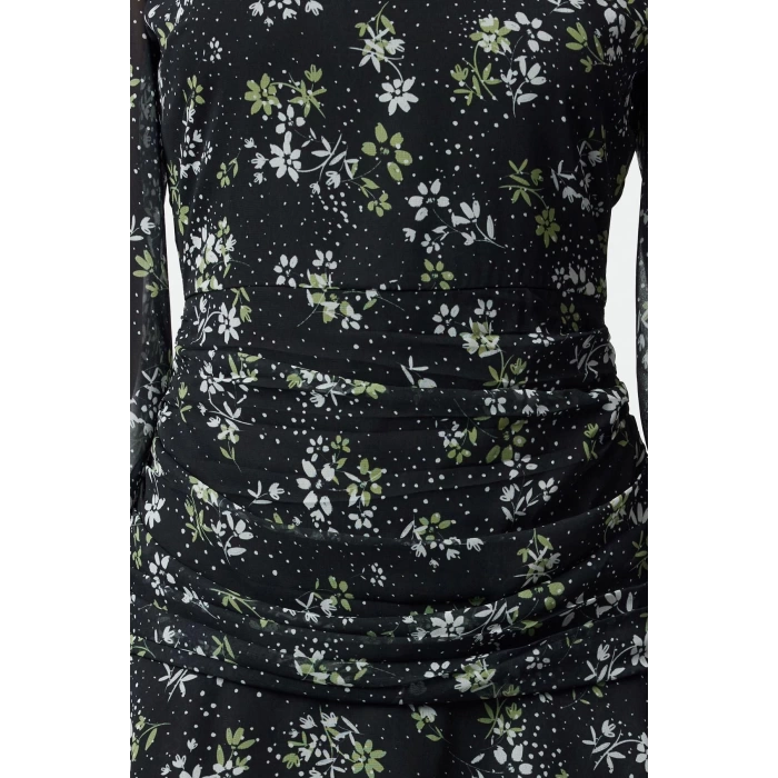 Womens Fashion Mini Length Stand Collar Regular Polka Dot A Cut Draped Chiffon Lined Woven Winter Dress