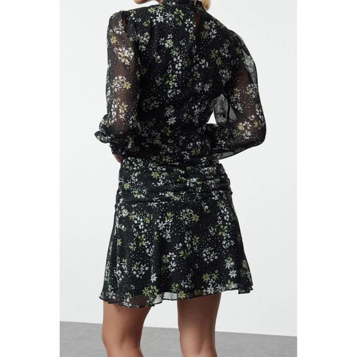 Womens Fashion Mini Length Stand Collar Regular Polka Dot A Cut Draped Chiffon Lined Woven Winter Dress