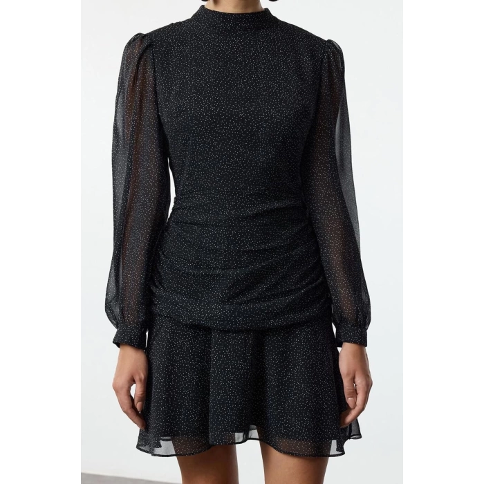 Womens Fashion Mini Length Stand Collar Regular Polka Dot A Cut Draped Chiffon Lined Woven Winter Dress
