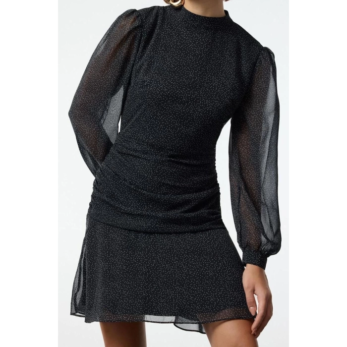 Womens Fashion Mini Length Stand Collar Regular Polka Dot A Cut Draped Chiffon Lined Woven Winter Dress