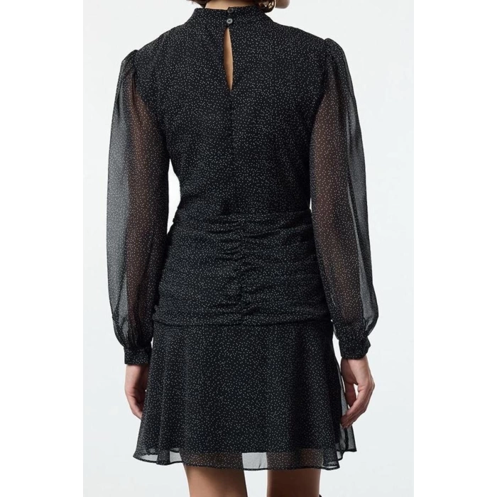 Womens Fashion Mini Length Stand Collar Regular Polka Dot A Cut Draped Chiffon Lined Woven Winter Dress