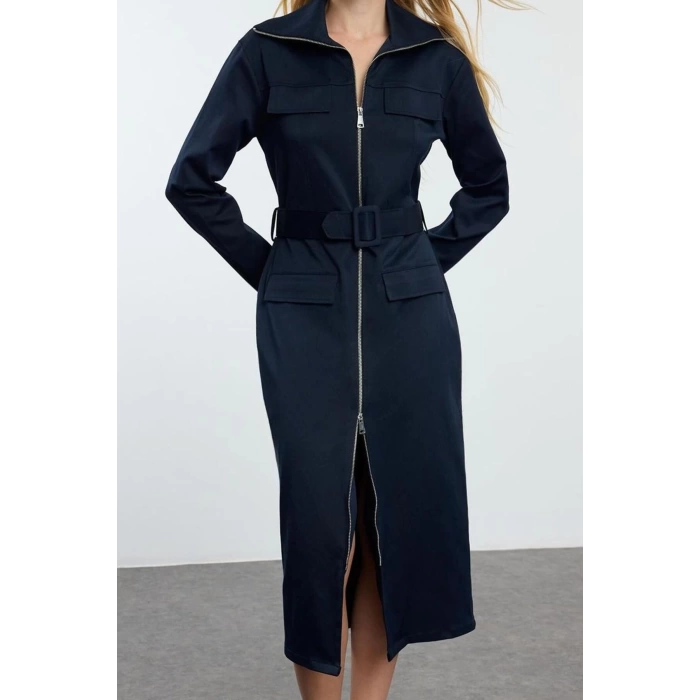 Women Fashion Midi Length Shirt Collar Regular Zippered Pocket Detailed Gabardine Fabric Woven Shirt Dress