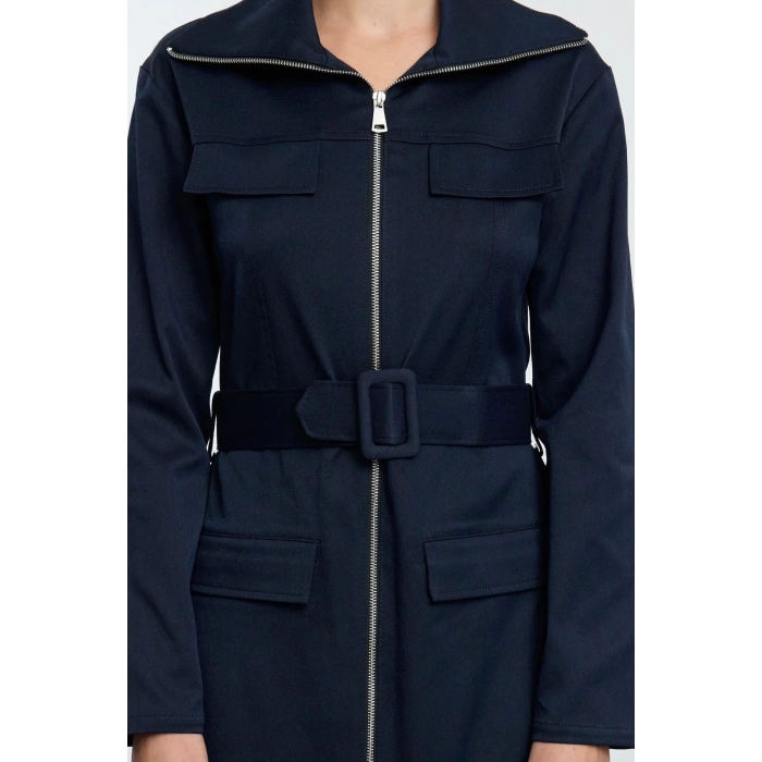 Women Fashion Midi Length Shirt Collar Regular Zippered Pocket Detailed Gabardine Fabric Woven Shirt Dress