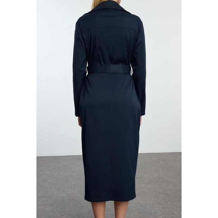 Women Fashion Midi Length Shirt Collar Regular Zippered Pocket Detailed Gabardine Fabric Woven Shirt Dress