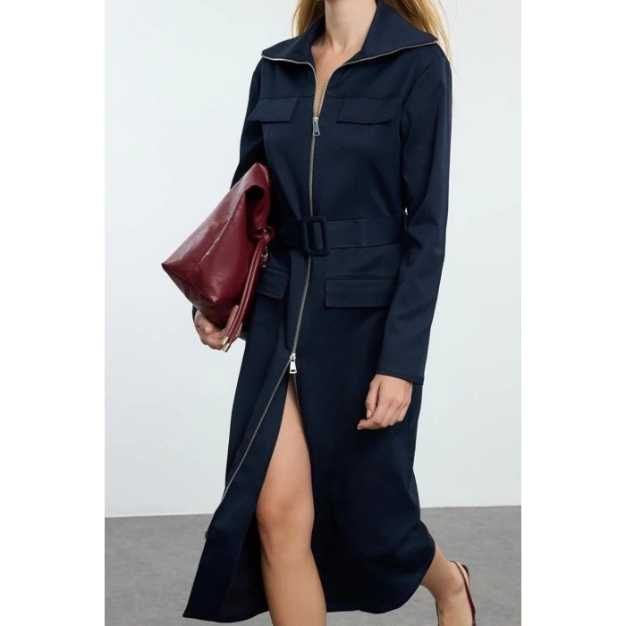 Women Fashion Midi Length Shirt Collar Regular Zippered Pocket Detailed Gabardine Fabric Woven Shirt Dress