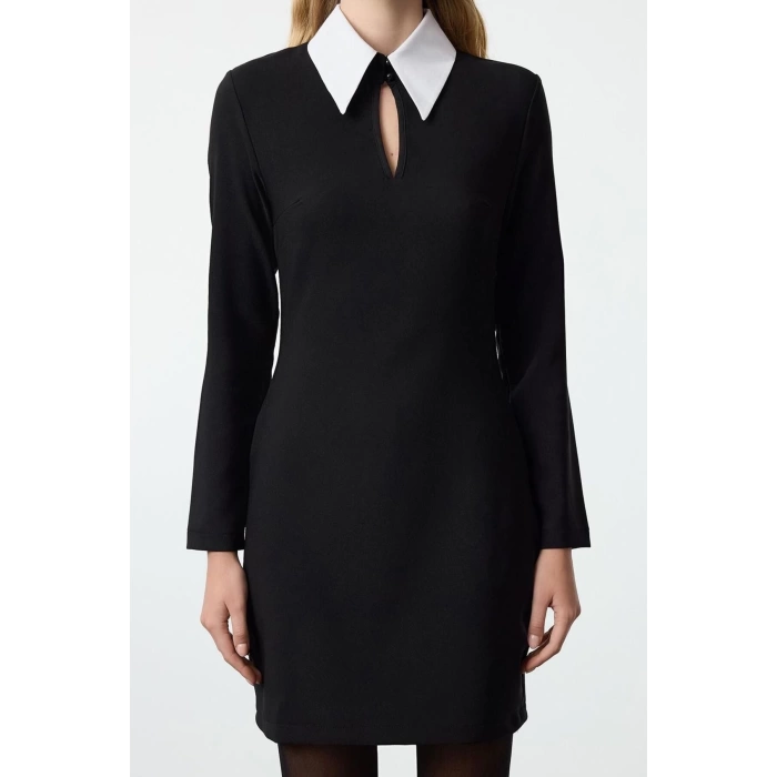Women Fashion Stylish Mini Length Shirt Collar Regular Fitted Body-Sit Collar Detailed Woven Dress