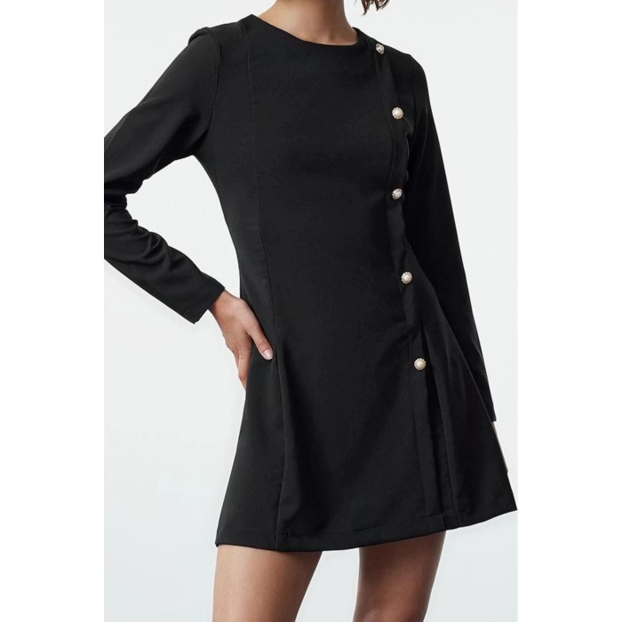 Kadın Moda Şık Mini Boy Bisiklet Yaka Regular Fitted Vücuda Oturan Düğme Detaylı Dokuma Elbise