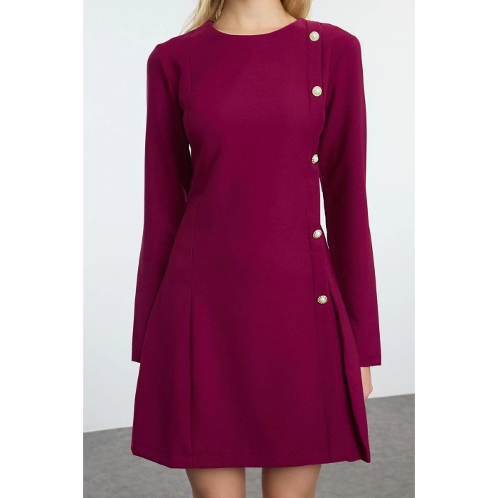 Kadın Moda Şık Mini Boy Bisiklet Yaka Regular Fitted Vücuda Oturan Düğme Detaylı Dokuma Elbise