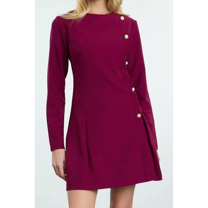 Kadın Moda Şık Mini Boy Bisiklet Yaka Regular Fitted Vücuda Oturan Düğme Detaylı Dokuma Elbise