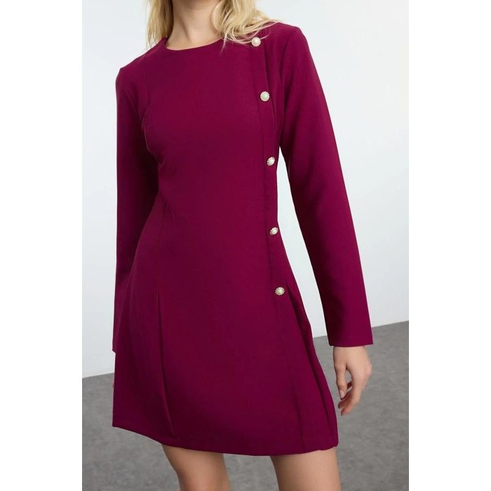 Kadın Moda Şık Mini Boy Bisiklet Yaka Regular Fitted Vücuda Oturan Düğme Detaylı Dokuma Elbise